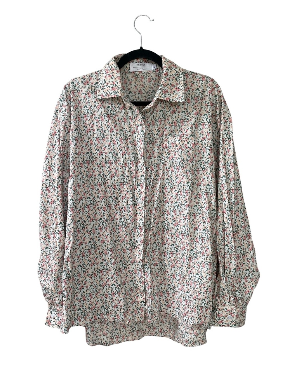 RED SKY Women's Cotton Floral Button-Front Blouse - White Pink & Green Print 2X